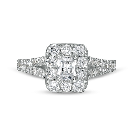 Previously Owned - 1-1/2 CT. T.w. Radiant-Cut Diamond Frame Split Shank Engagement Ring in 14K White Gold (I/Si2)