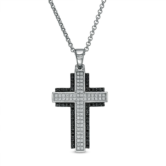Previously Owned - Men's 1 CT. T.w. Black and White Diamond Double Row Layered Cross Pendant in 10K White Gold