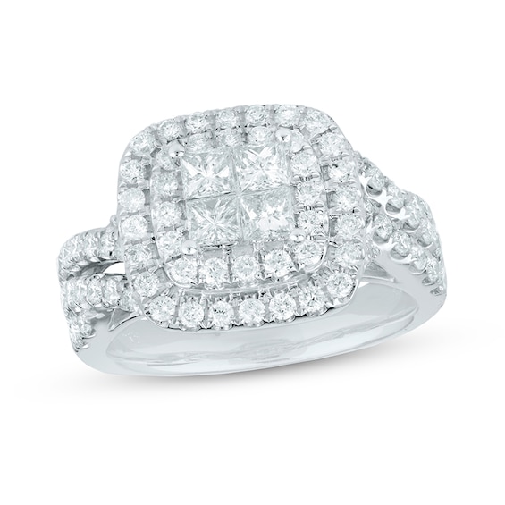 Previously Owned - 1-1/2 CT. T.w. Quad Princess-Cut Diamond Cushion-Shaped Frame Twist Engagement Ring in 14K White Gold