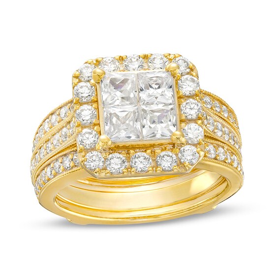 Previously Owned - 2-1/2 CT. T.w. Quad Princess-Cut Diamond Frame Bridal Set in 14K Gold (I/I2)