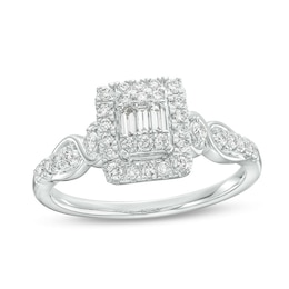 Previously Owned - 3/8 CT. T.W. Princess-Shaped Multi-Diamond Frame Twist Shank Engagement Ring in 10K White Gold