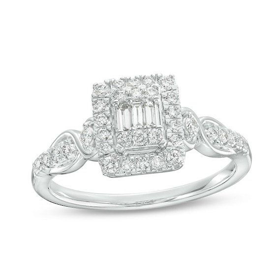 Previously Owned - 3/8 CT. T.w. Princess-Shaped Multi-Diamond Frame Twist Shank Engagement Ring in 10K White Gold