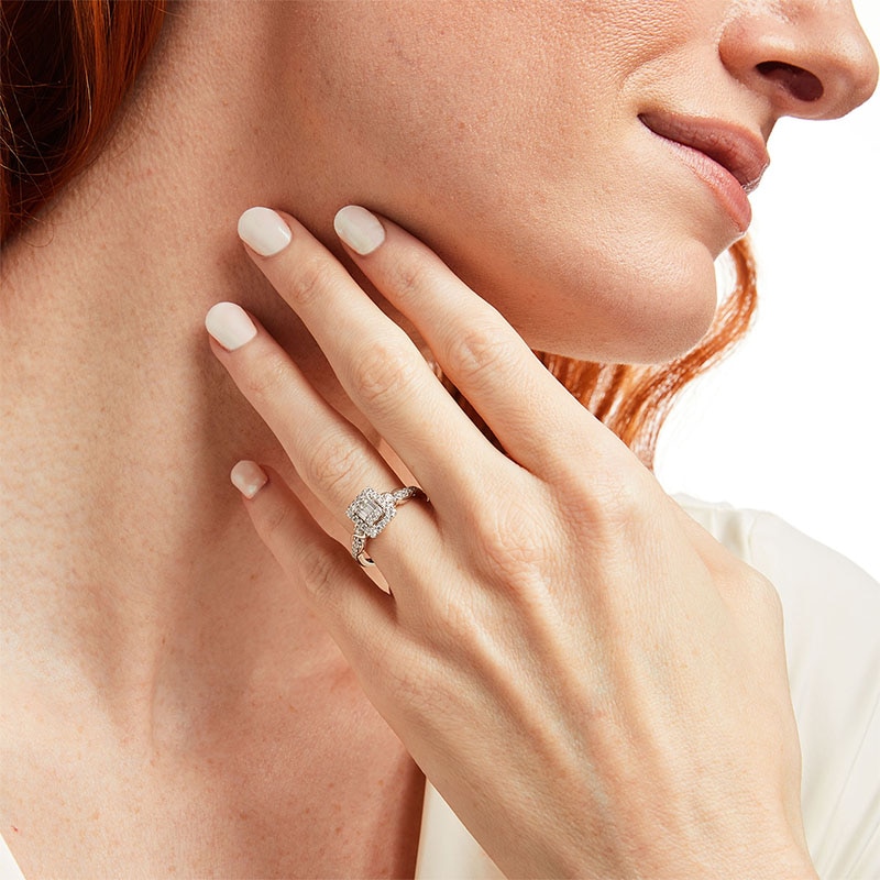 Main Image 2 of Previously Owned - 3/8 CT. T.W. Princess-Shaped Multi-Diamond Frame Twist Shank Engagement Ring in 10K White Gold