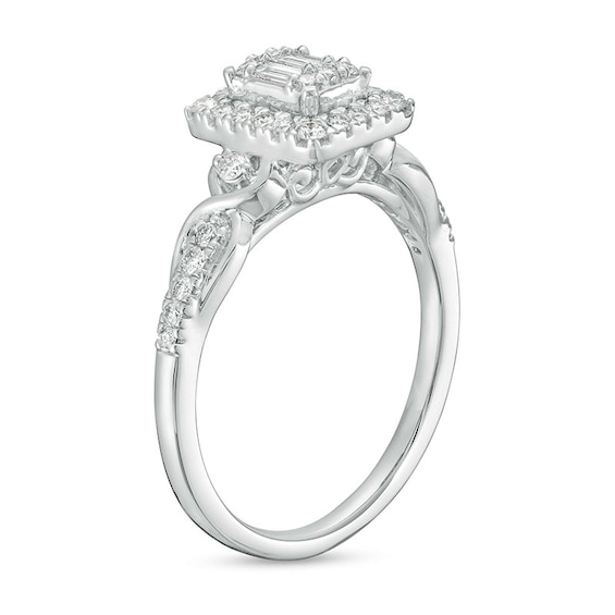 Previously Owned - 3/8 CT. T.w. Princess-Shaped Multi-Diamond Frame Twist Shank Engagement Ring in 10K White Gold