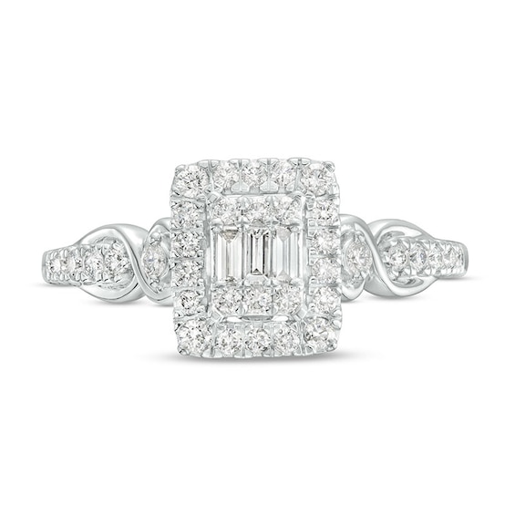 Previously Owned - 3/8 CT. T.w. Princess-Shaped Multi-Diamond Frame Twist Shank Engagement Ring in 10K White Gold