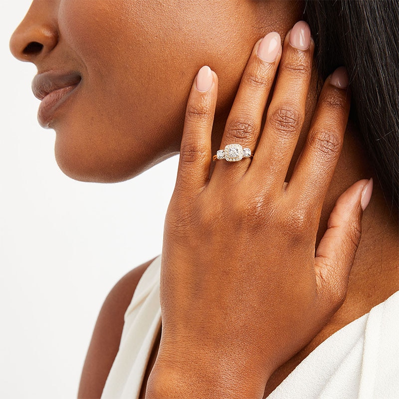 Main Image 2 of Previously Owned - 1/4 CT. T.W. Diamond Cushion Frame Past Present Future® Engagement Ring in 10K Gold