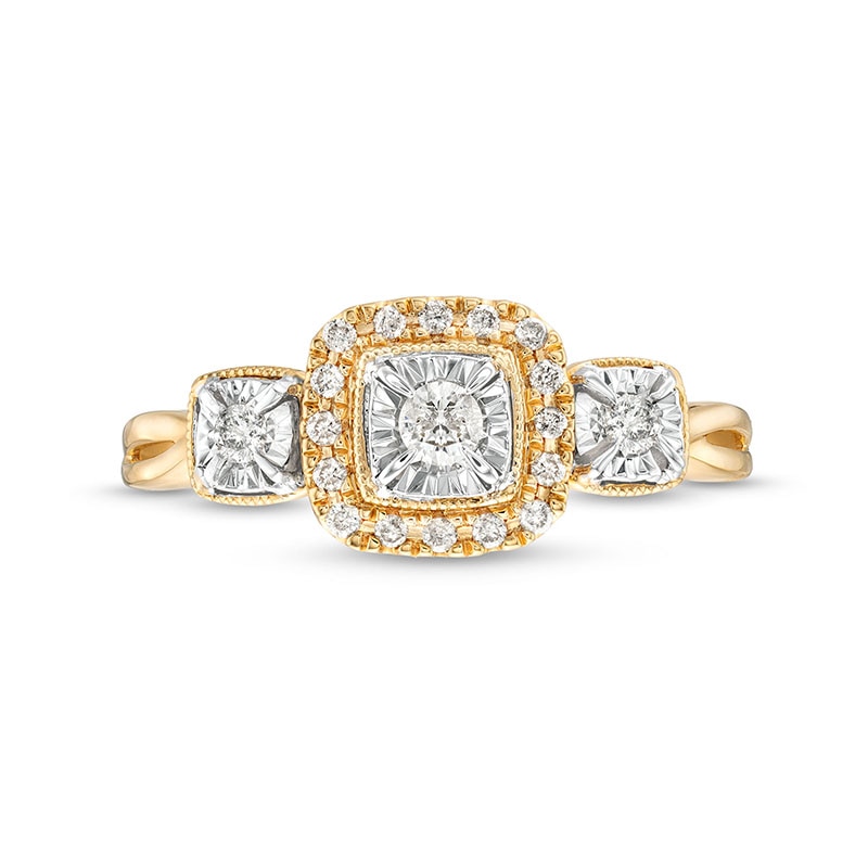 Main Image 4 of Previously Owned - 1/4 CT. T.W. Diamond Cushion Frame Past Present Future® Engagement Ring in 10K Gold