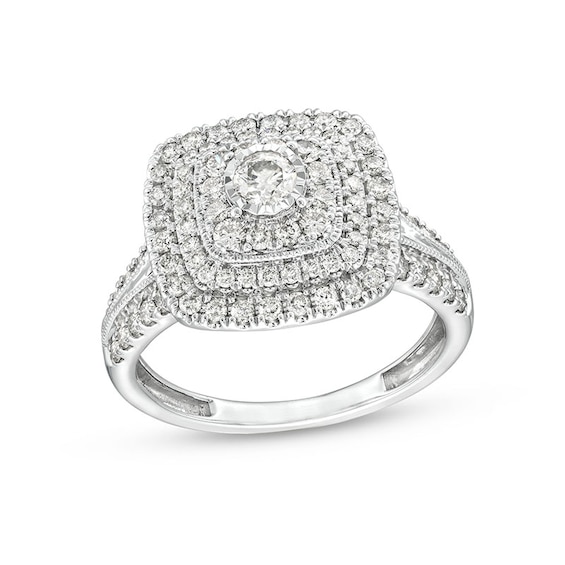 Previously Owned - 1 CT. T.w. Diamond Triple Cushion Frame Multi-Row Vintage-Style Engagement Ring in 10K White Gold