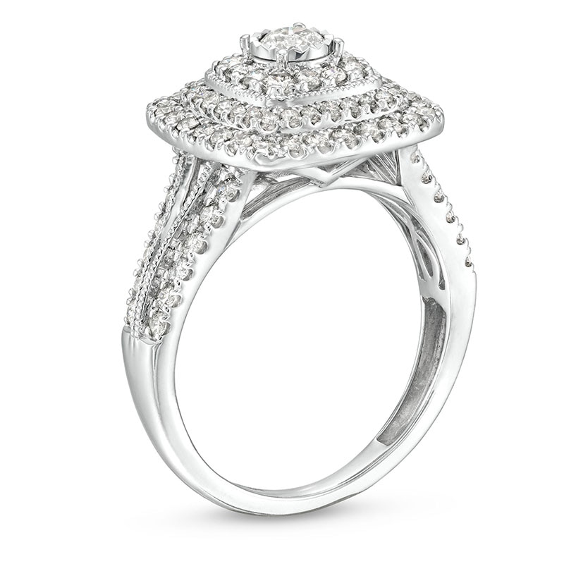 Main Image 3 of Previously Owned - 1 CT. T.W. Diamond Triple Cushion Frame Multi-Row Vintage-Style Engagement Ring in 10K White Gold