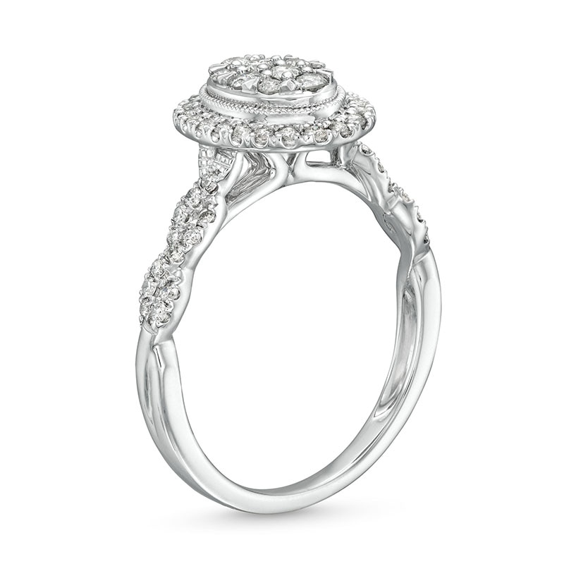 Main Image 3 of Previously Owned - 1/2 CT. T.W. Oval Multi-Diamond Frame Twist Shank Engagement Ring in 10K White Gold