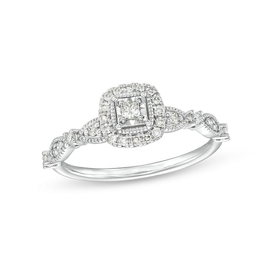 Previously Owned - 1/4 CT. T.w. Princess-Cut Diamond Cushion Frame Vintage-Style Promise Ring in 10K White Gold