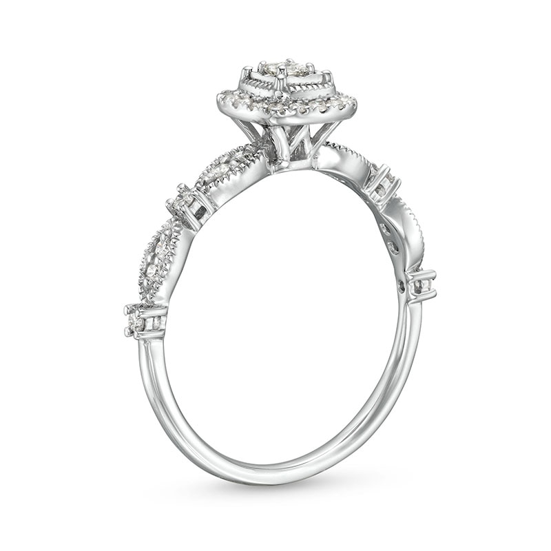 Main Image 3 of Previously Owned - 1/4 CT. T.W. Princess-Cut Diamond Cushion Frame Vintage-Style Promise Ring in 10K White Gold