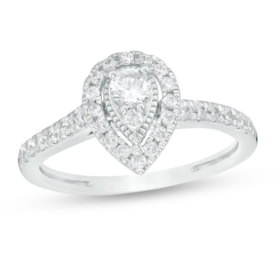 Previously Owned - 1/2 CT. T.w. Diamond Pear-Shaped Frame Vintage-Style Engagement Ring in 14K White Gold