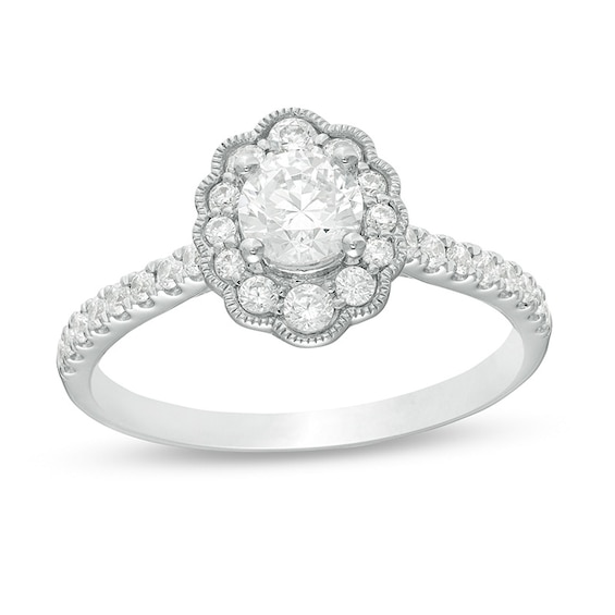 Previously Owned - 3/4 CT. T.w. Celebration Ideal Diamond Scallop Frame Vintage-Style Engagement Ring in 14K White Gold