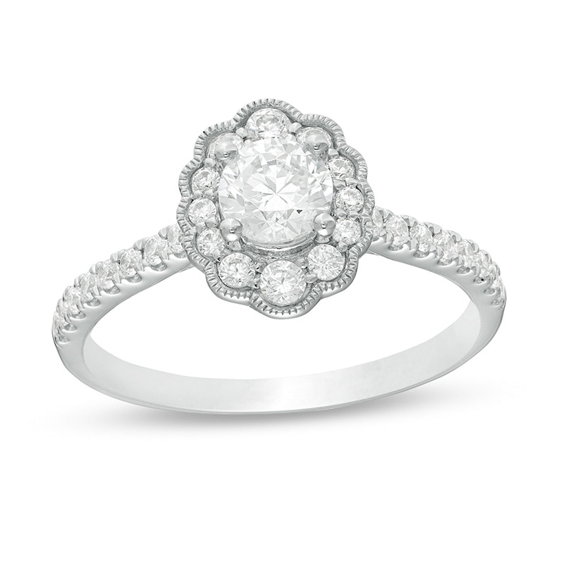 Main Image 1 of Previously Owned - 3/4 CT. T.W. Celebration Ideal Diamond Scallop Frame Vintage-Style Engagement Ring in 14K White Gold