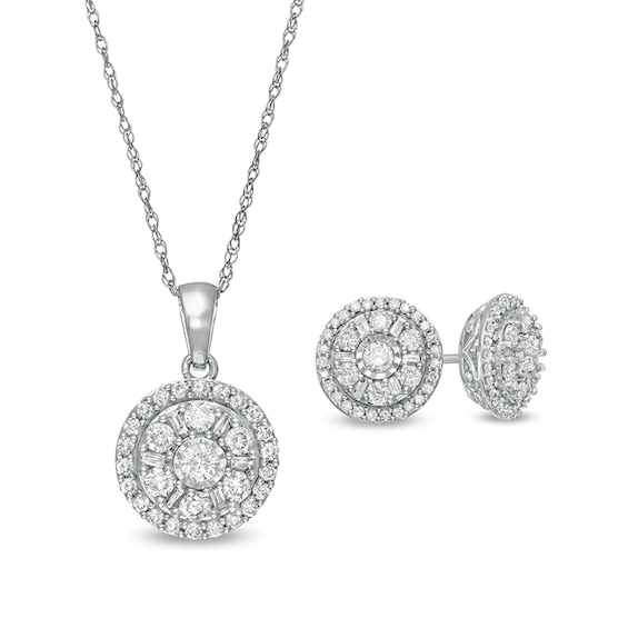 Previously Owned - 1 CT. T.w. Diamond Double Frame Pendant and Stud Earrings Set in 10K White Gold