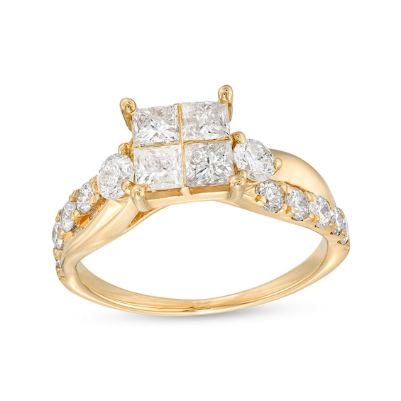 Previously Owned - 1-1/2 CT. T.w. Quad Princess-Cut Diamond Twist Shank Engagement Ring in 14K Gold