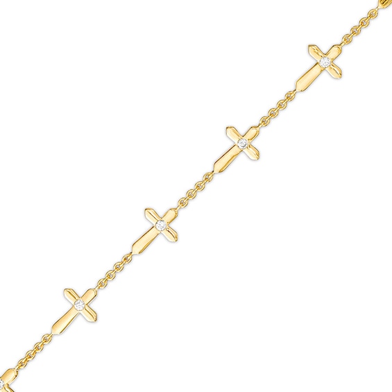 Previously Owned - 1/8 CT. T.w. Diamond Sideways Gothic-Style Cross Station Bracelet in 10K Gold – 7.25"