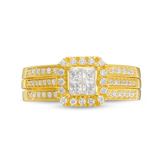 Previously Owned - 3/4 CT. T.w. Quad Princess-Cut Diamond Frame Bridal Set in 10K Gold (I/I2)