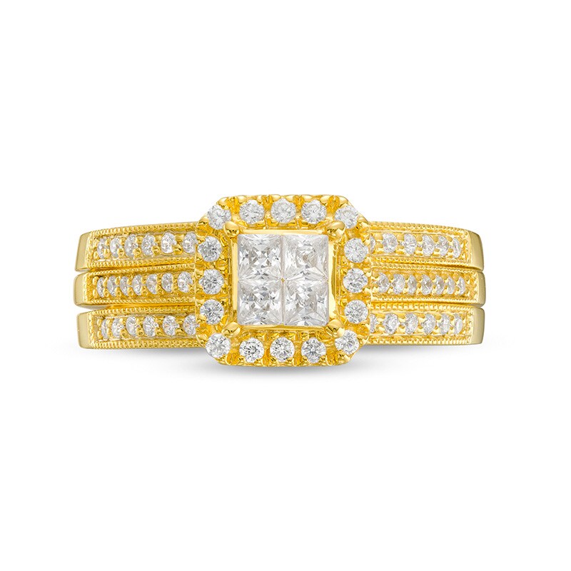 Main Image 4 of Previously Owned - 3/4 CT. T.W. Quad Princess-Cut Diamond Frame Bridal Set in 10K Gold (I/I2)