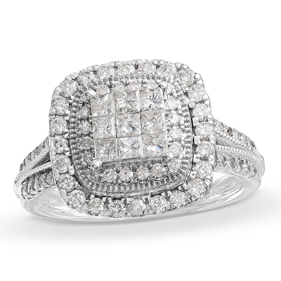Previously Owned - 1 CT. T.w. Princess-Cut Multi-Diamond Frame Vintage-Style Engagement Ring in 10K White Gold
