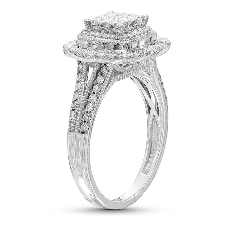 Main Image 3 of Previously Owned - 1 CT. T.W. Princess-Cut Multi-Diamond Frame Vintage-Style Engagement Ring in 10K White Gold