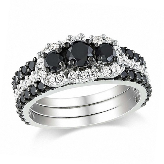 Previously Owned - 2 CT. T.w. Enhanced Black and White Diamond Bridal Set in 10K White Gold