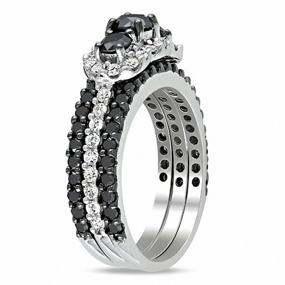 Previously Owned - 2 CT. T.w. Enhanced Black and White Diamond Bridal Set in 10K White Gold