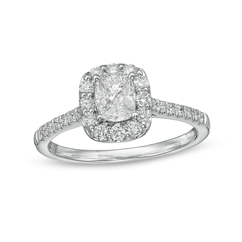 Main Image 1 of Previously Owned - 3/4 CT. T.W. Composite Cushion-Shaped Diamond Frame Engagement Ring in 10K White Gold