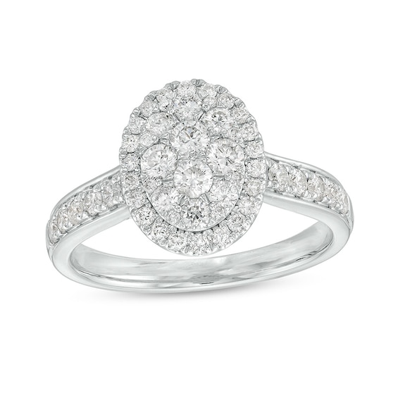 Previously Owned - 1 CT. T.w. Oval-Shaped Multi-Diamond Frame Engagement Ring in 14K White Gold (I/I2)