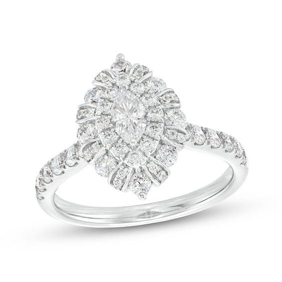 Previously Owned - 1 CT. T.w. Marquise Diamond Double Frame Engagement Ring in 14K White Gold (I/I1)