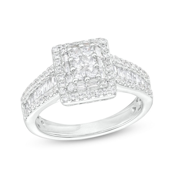 Previously Owned - 1 CT. T.w. Emerald-Shaped Multi-Diamond Double Frame Triple Row Engagement Ring in 10K White Gold