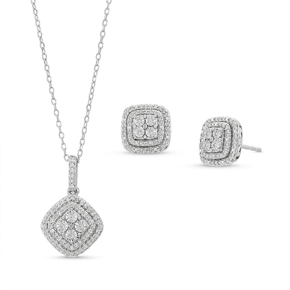 Previously Owned - 1/2 CT. T.w. Cushion Multi-Diamond Tilted Pendant and Stud Earrings Set in Sterling Silver