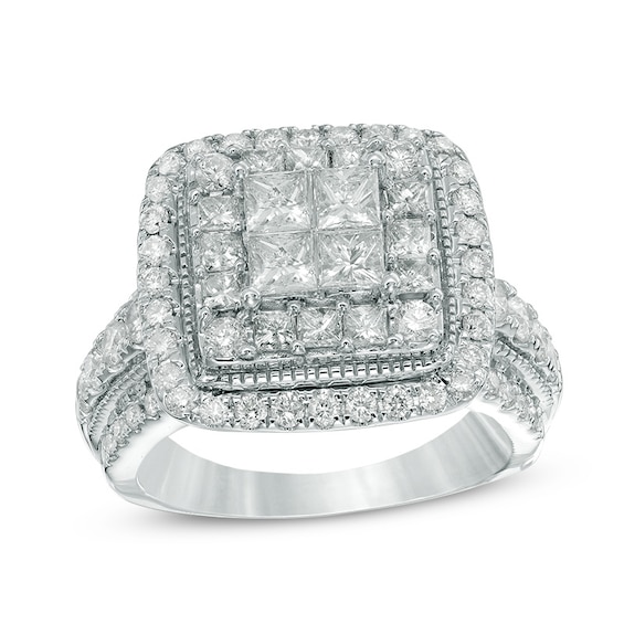 Previously Owned - 2-1/5 CT. T.w. Quad Princess-Cut Diamond Frame Vintage-Style Engagement Ring in 14K White Gold