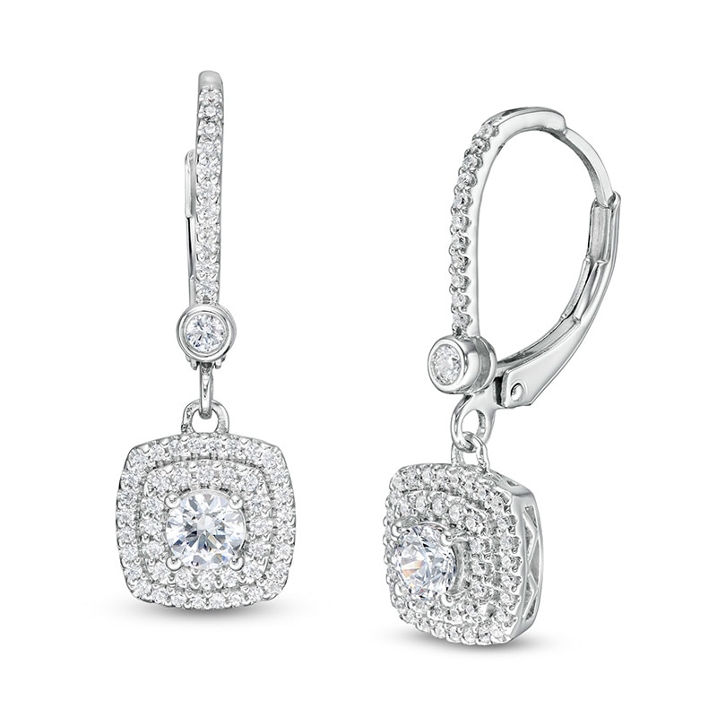 Main Image 1 of Previously Owned - 3/4 CT. T.W. Diamond Double Cushion-Shaped Frame Drop Earrings in 10K White Gold
