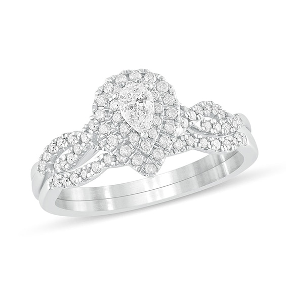 Previously Owned - 1/2 CT. T.w. Pear-Shaped Diamond Double Frame Multi-Row Bridal Set in 10K White Gold