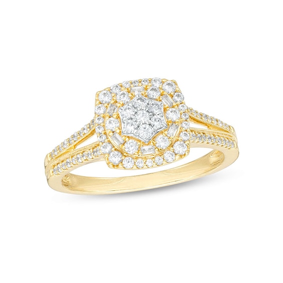 Previously Owned - 1/2 CT. T.w. Cushion-Shaped Multi-Diamond Frame Split Shank Ring in 10K Gold
