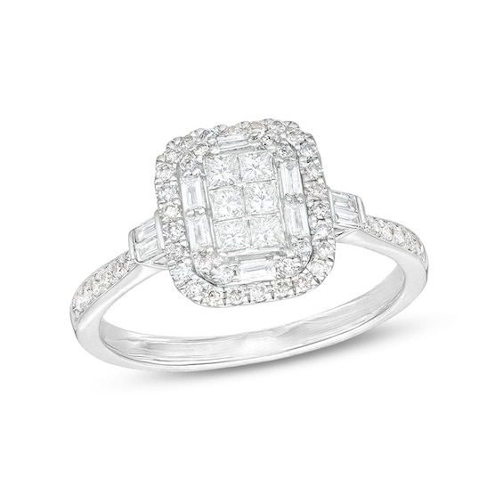 Previously Owned - 1/2 CT. T.w. Emerald-Shaped Multi-Diamond Double Frame Ring in 10K White Gold