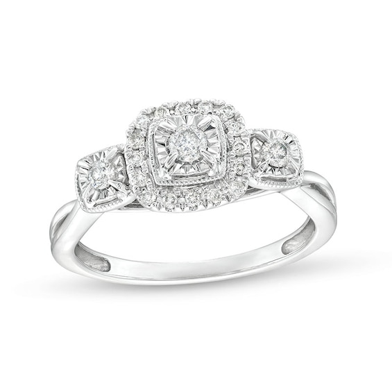Previously Owned - 1/4 CT. T.w. Diamond Cushion Frame Past Present Future® Engagement Ring in 10K White Gold
