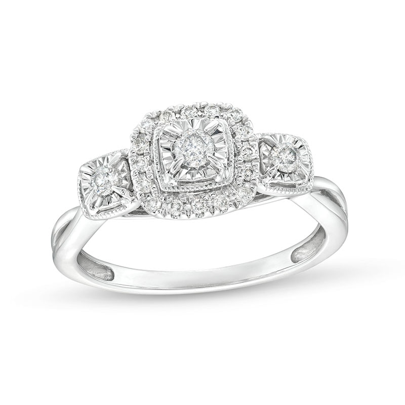 Main Image 1 of Previously Owned - 1/4 CT. T.W. Diamond Cushion Frame Past Present Future® Engagement Ring in 10K White Gold