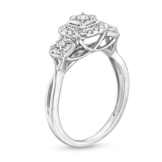 Previously Owned - 1/4 CT. T.w. Diamond Cushion Frame Past Present Future® Engagement Ring in 10K White Gold