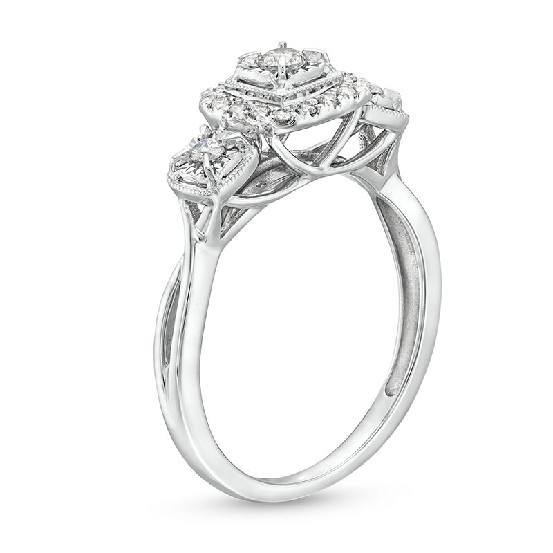 Main Image 3 of Previously Owned - 1/4 CT. T.W. Diamond Cushion Frame Past Present Future® Engagement Ring in 10K White Gold