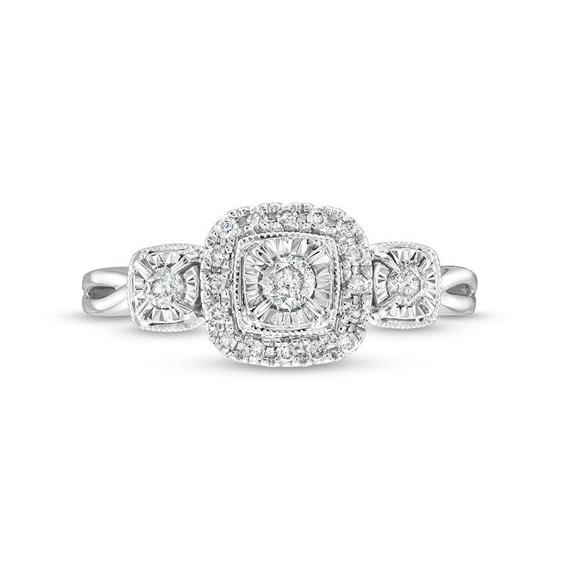 Main Image 4 of Previously Owned - 1/4 CT. T.W. Diamond Cushion Frame Past Present Future® Engagement Ring in 10K White Gold