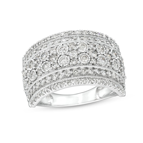 Previously Owned - 1 CT. T.w. Diamond Edge Raised Multi-Row Vintage-Style Band in 10K White Gold