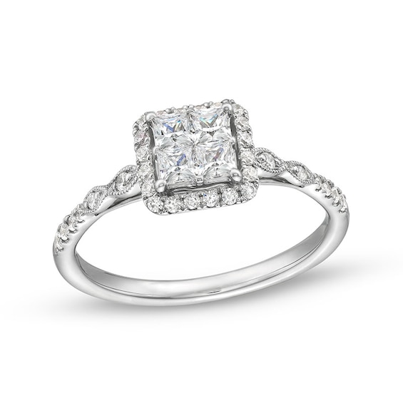 Previously Owned - 1/2 CT. T.w. Quad Princess-Cut Diamond Cushion Frame Vintage-Style Engagement Ring in 14K White Gold