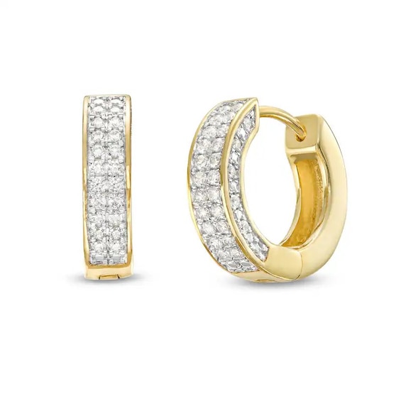 Previously Owned - 3/8 CT. T.w. Diamond Double Row Profile Huggie Hoop Earrings in 10K Gold