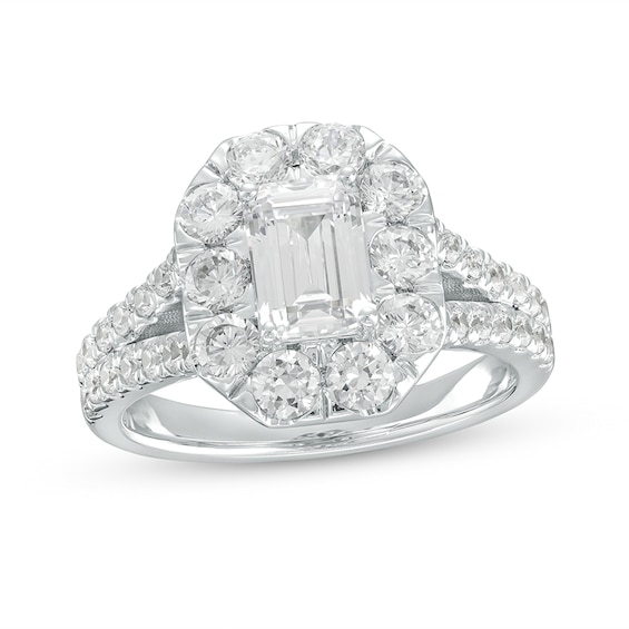 Previously Owned - 2-1/2 CT. T.w. Emerald-Cut Lab-Grown Diamond Frame Split Shank Engagement Ring in 14K White Gold