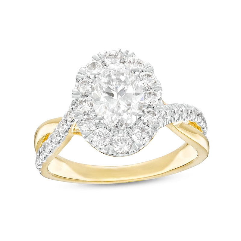 Main Image 1 of Previously Owned - 2 CT. T.W. Oval Lab-Grown Diamond Frame Twist Shank Engagement Ring in 14K Gold (F/VS2)