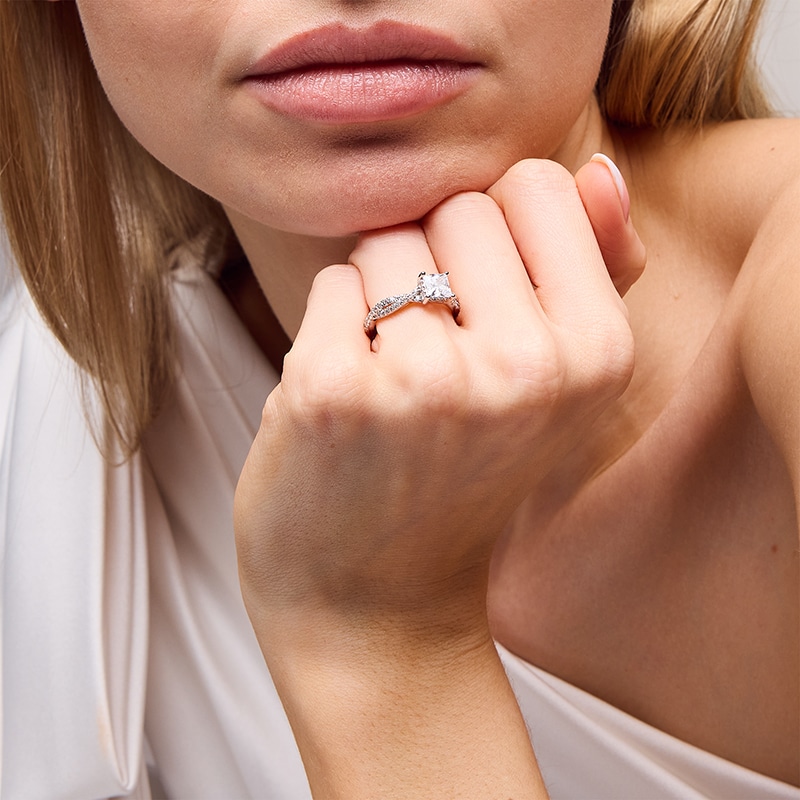 Main Image 2 of Previously Owned - 1-3/8 CT. T.W. Princess-Cut Lab-Grown Diamond Twist Shank Engagement Ring in 14K White Gold (F/VS2)