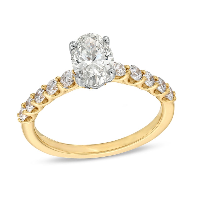 Main Image 1 of Previously Owned - 1-1/2 CT. T.W. Oval Lab-Grown Diamond Engagement Ring in 14K Gold (I/SI2)